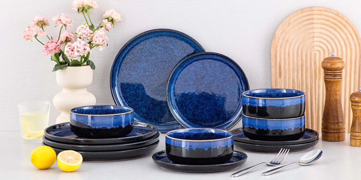 vancasso 12/24 PCS Starry Blue Reactive Glaze Stoneware Dinnerware Sets Ceramic Plates Set with 4 pcs Dinner Plate/Dessert/Bowl