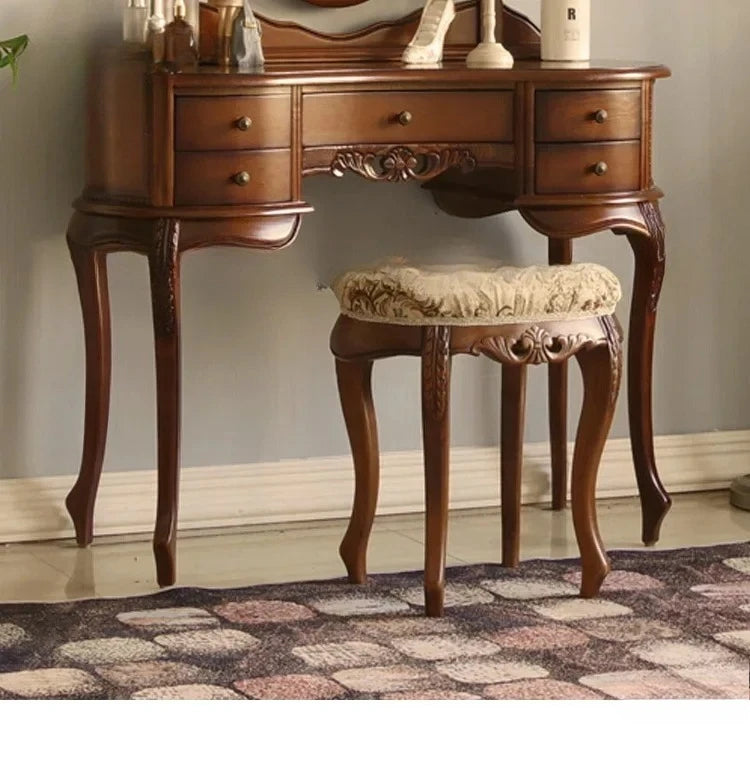 -European Solid Wood Mirror Table Bedroom Dresser Amercia Princess Furniture Dark Villa Luxury Carved Makeup Table Dressing Tabl