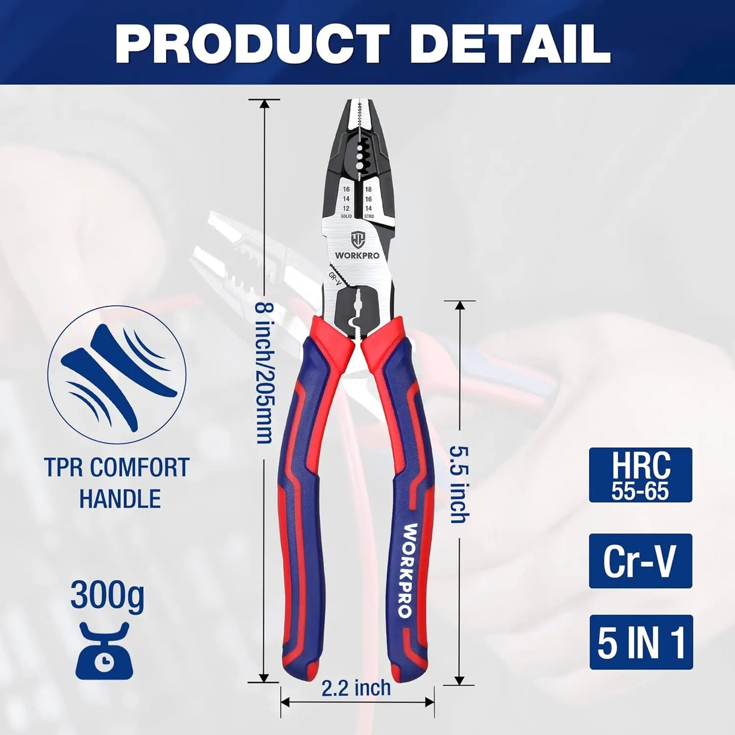 6-in-1 Linesman Pliers with Wire Cutter and Stripper, 8 Inch Multipurpose Tool for Twisting Cutting Wires and Clamping Screws