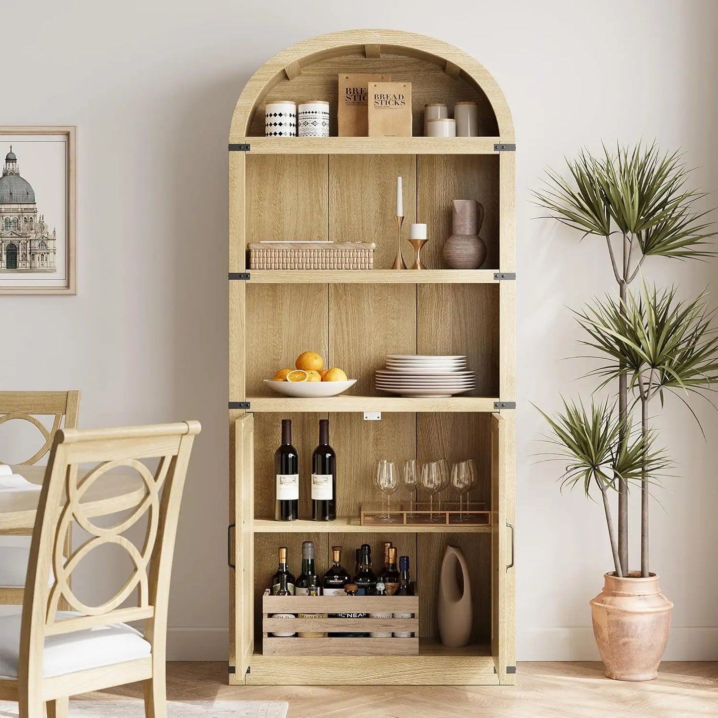 Bookcase with Doors Arched Bookshelf 71.65in Tall Bookcase Farmhouse Cabinet with Shelves Wooden Bookshelves for Home Office