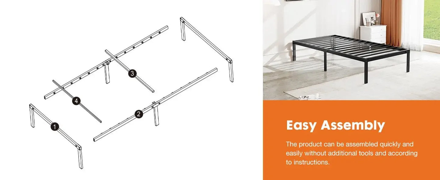 Heavy Duty Metal Bed Frame 14 Inch Platform Bed Base with Under Bed Storage Sturdy Steel Slat Support No Box Spring Needed Noise Free Mattress Foundation Easy Assembly Iron Bedroom Furniture