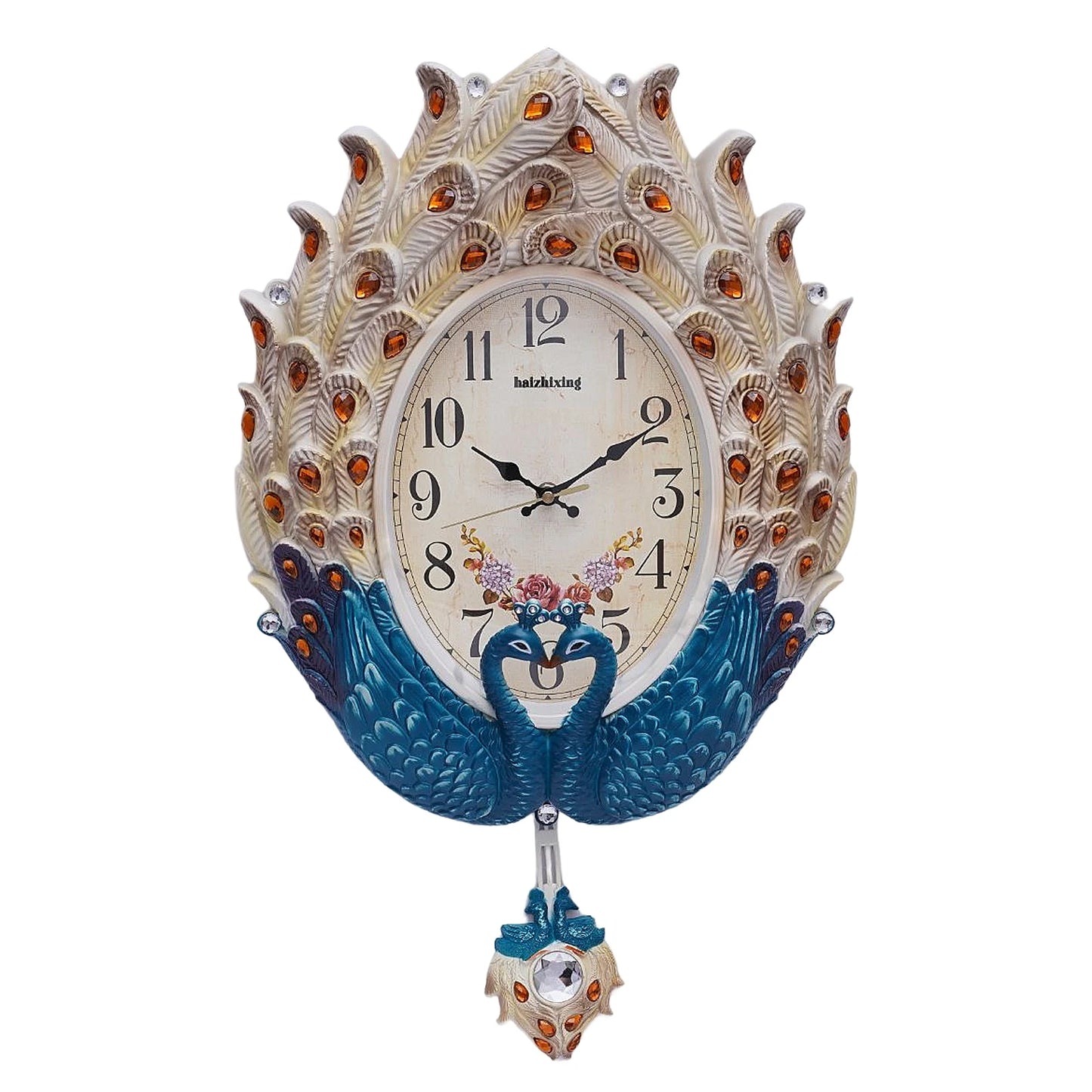 Blue Peacock Wall Clock,Silent Wall-mounted Metal Pendulum Clock 37*60cm with Luxury Crystal for Living Room,Hallways