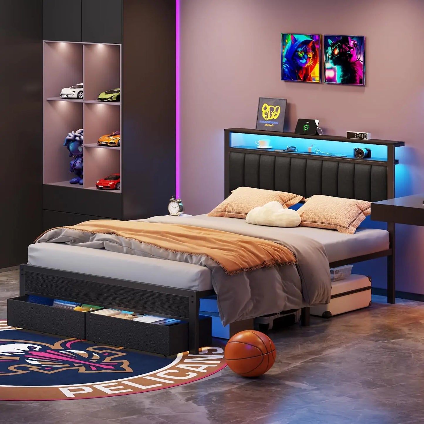 Queen Bed Frame with Charging Station and LED Lights, Grey Upholstered Headboard with Shelves, Metal Platform Bed with 2 Under-Bed Storage (Fabric Drawer on Wheels), No Box Spring Needed