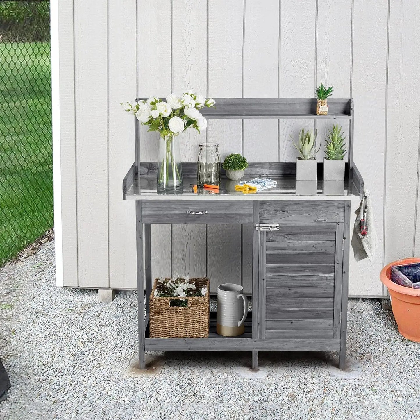 Outdoor Garden Workbench, Garden Worktable with Metal Tabletop, Cabinet Drawers, Open Countertop, Customizable
