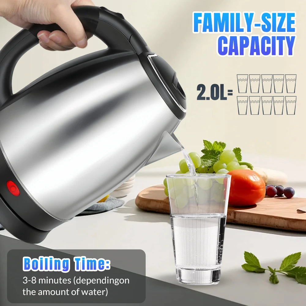 2L Stainless Steel Electric Kettle Fast Boil Water Heater Auto Shut Off Dry Boil Protection 360° Rotating Base BPA Free Household Water Boiler for Home Kitchen