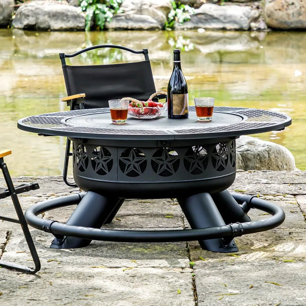 47 Inch Outdoor Fire Pit with 2 Grills, Extra Large BBQ Firepits for Outside, Metal Round Fire pits with Lid&Fire Poker,3 in 1 W