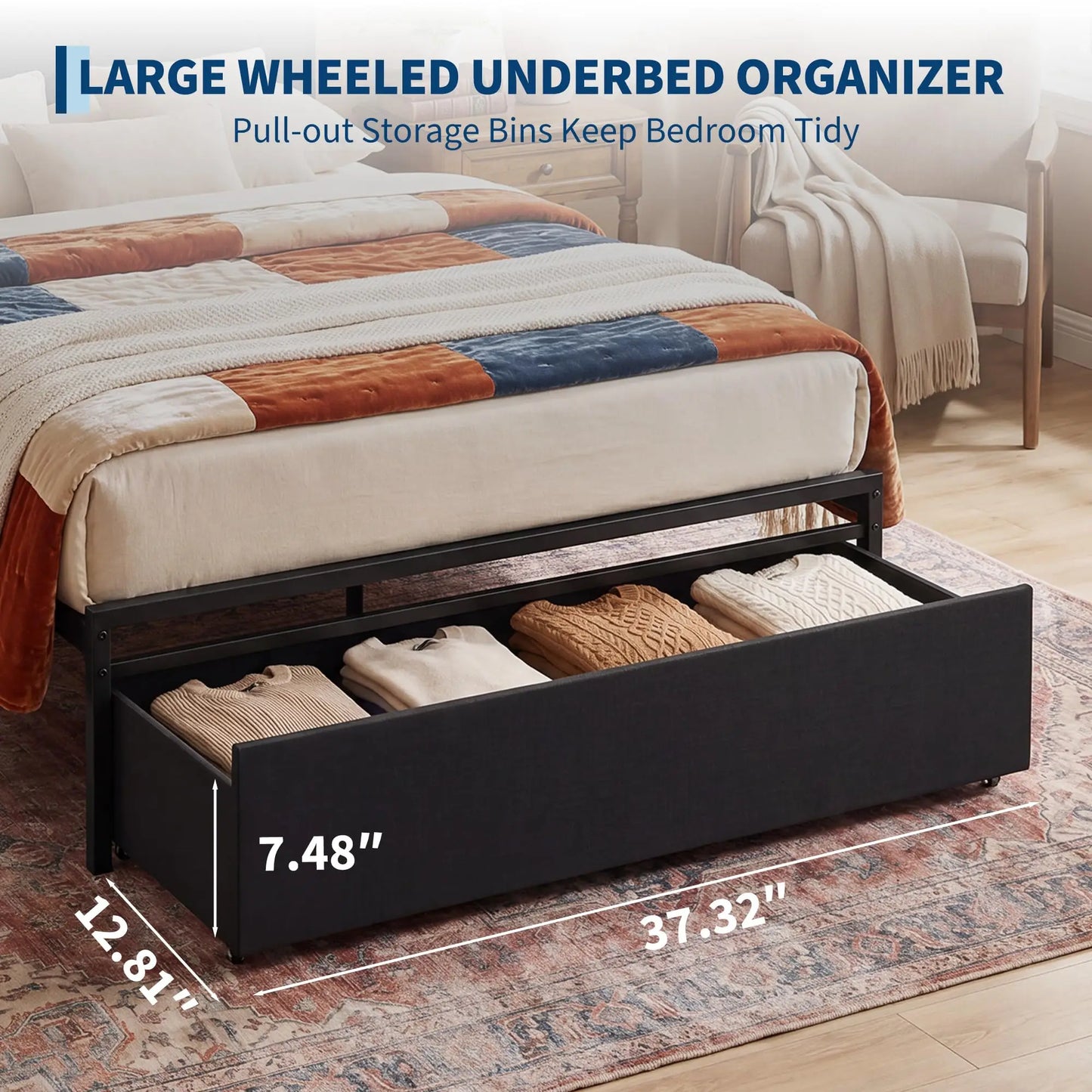 Twin Full Queen Upholstered Metal Platform Bed Frame With Storage Drawers, Headboard Charging Station, V-Pattern, No Box Spring