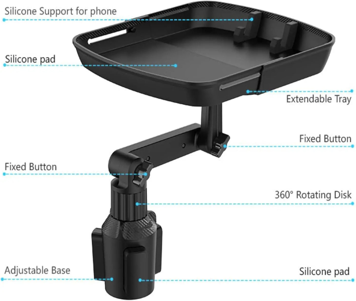 10" Car Food Tray with Cup Holder, 360° Rotating Detachable Table for Eating, Phone Holder Included, Road Trip Essentials