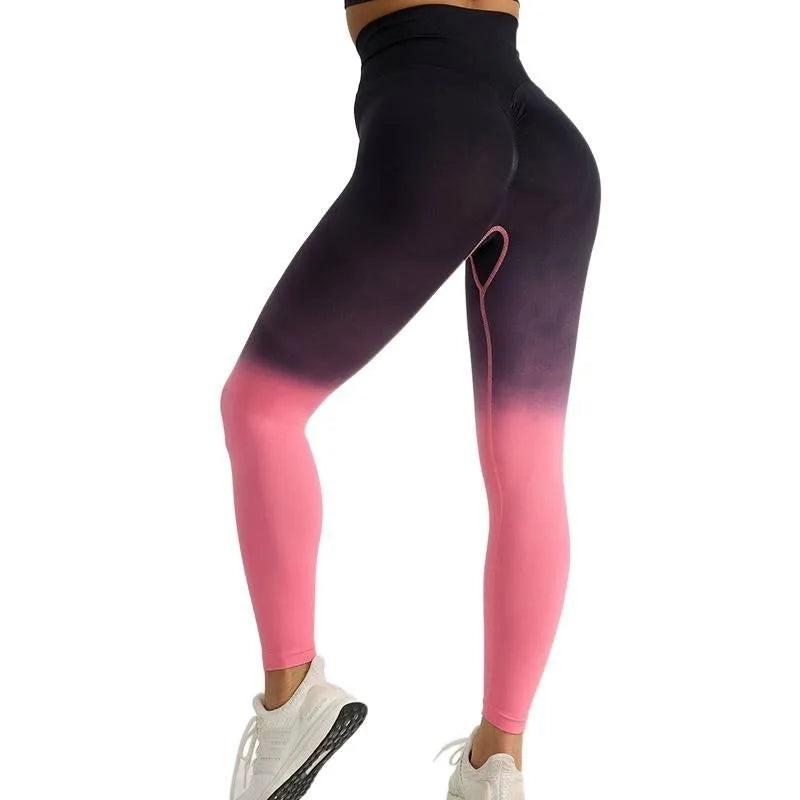 High Waist Color Gradient Yoga Pants Women Seamless Knit Gym Leggings Quick Dry Breathable Workout Tights Scrunch Butt Lift Peach Hip Long Fitness Pants for Cycling Training Activewear
