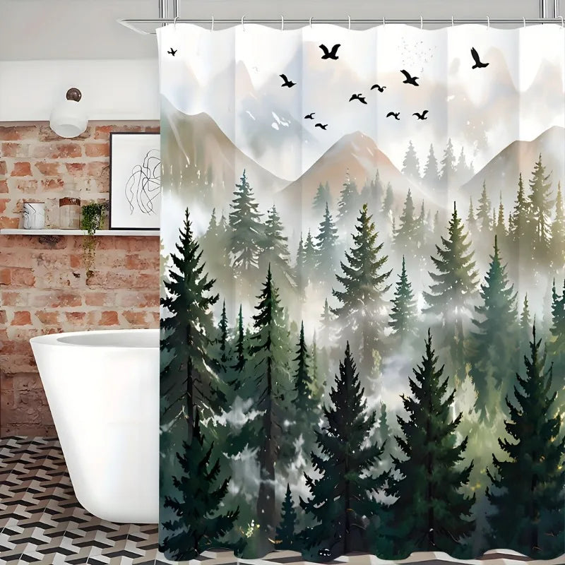Green Misty Forest Shower Curtain Set Ombre Sage Green White