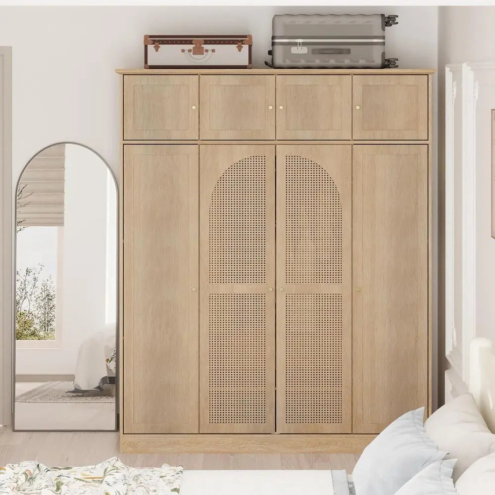 70.87 Tall Rattan Wooden Wardrobe with Hanging Rod and Adjustable Shelves, Natural