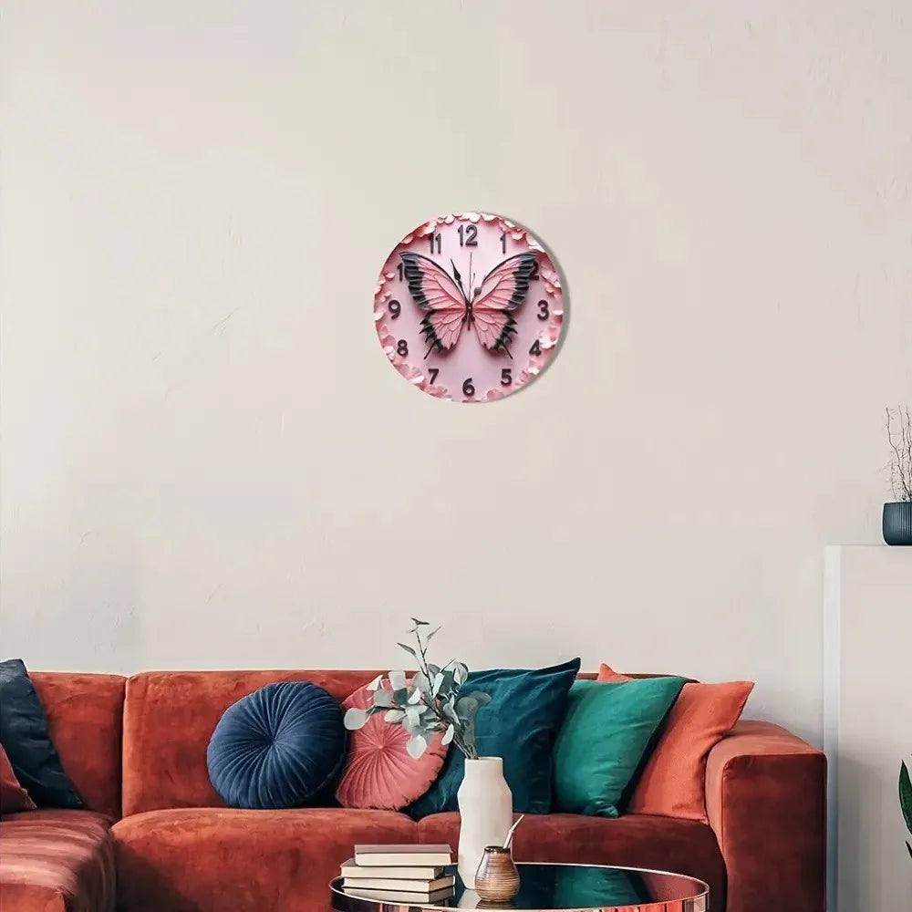 One Piece of a 9.84-Inch Wooden 2D Flat Pink Butterfly Wall Clock Featuring Black Hands And Large, Easy-To-Read Numbers. It Boas