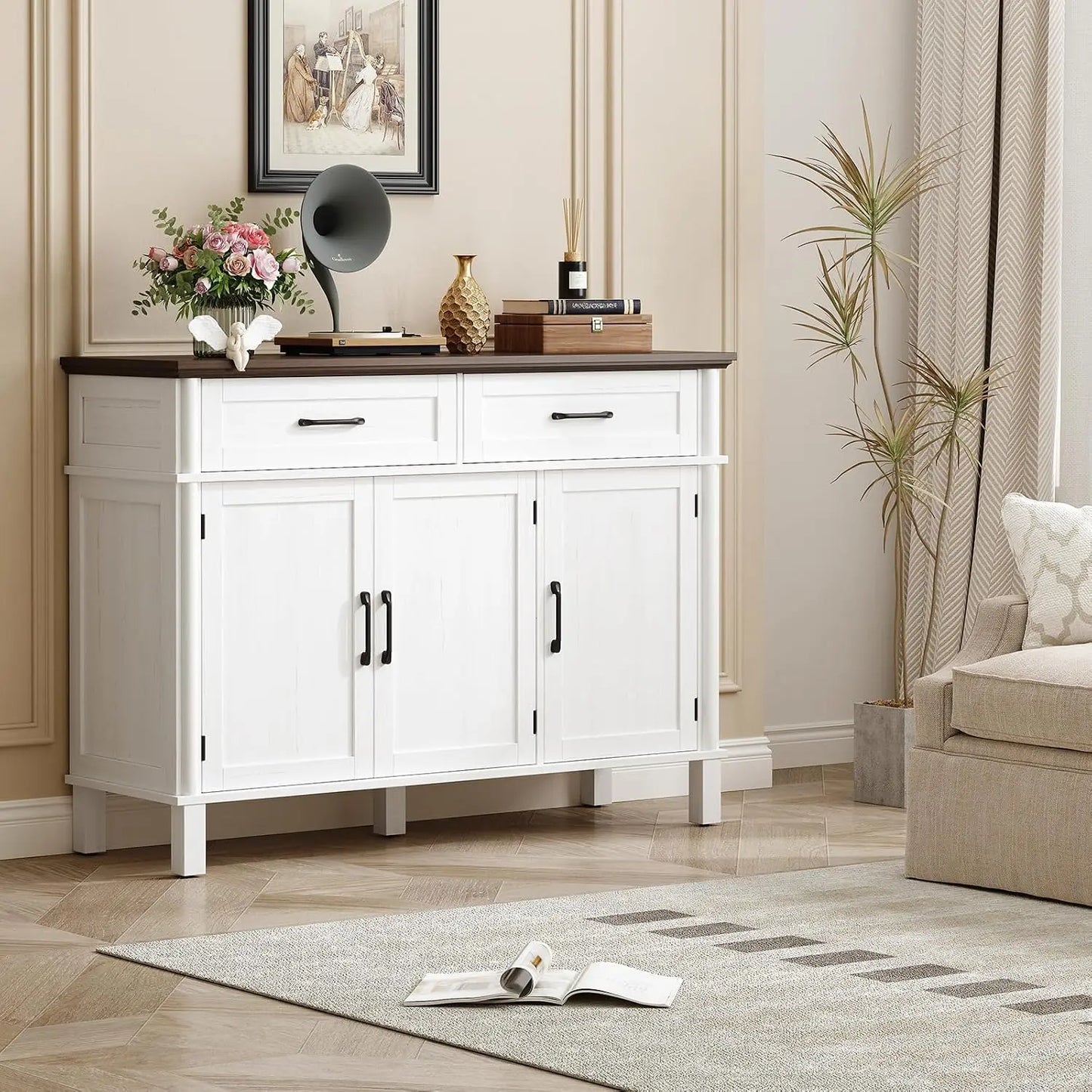 48 Inch Farmhouse Buffet Cabinet with 3 Doors & 2 Drawers, Wood Coffee Bar Storage Cabinet Adjustable Shelves for Kitchen Living Room