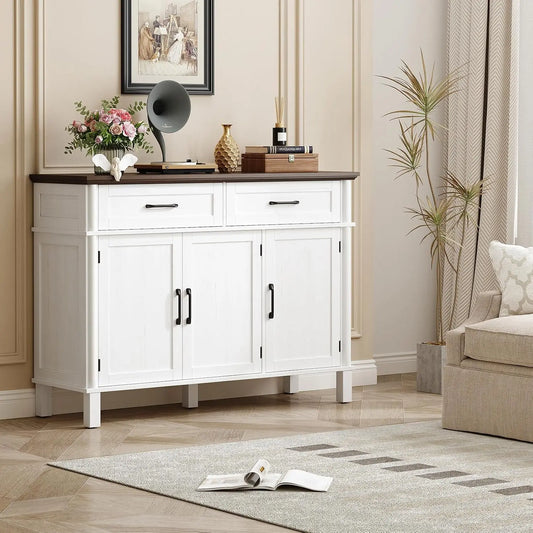 48 Inch Farmhouse Buffet Cabinet with 3 Doors & 2 Drawers, Wood Coffee Bar Storage Cabinet Adjustable Shelves for Kitchen Living Room