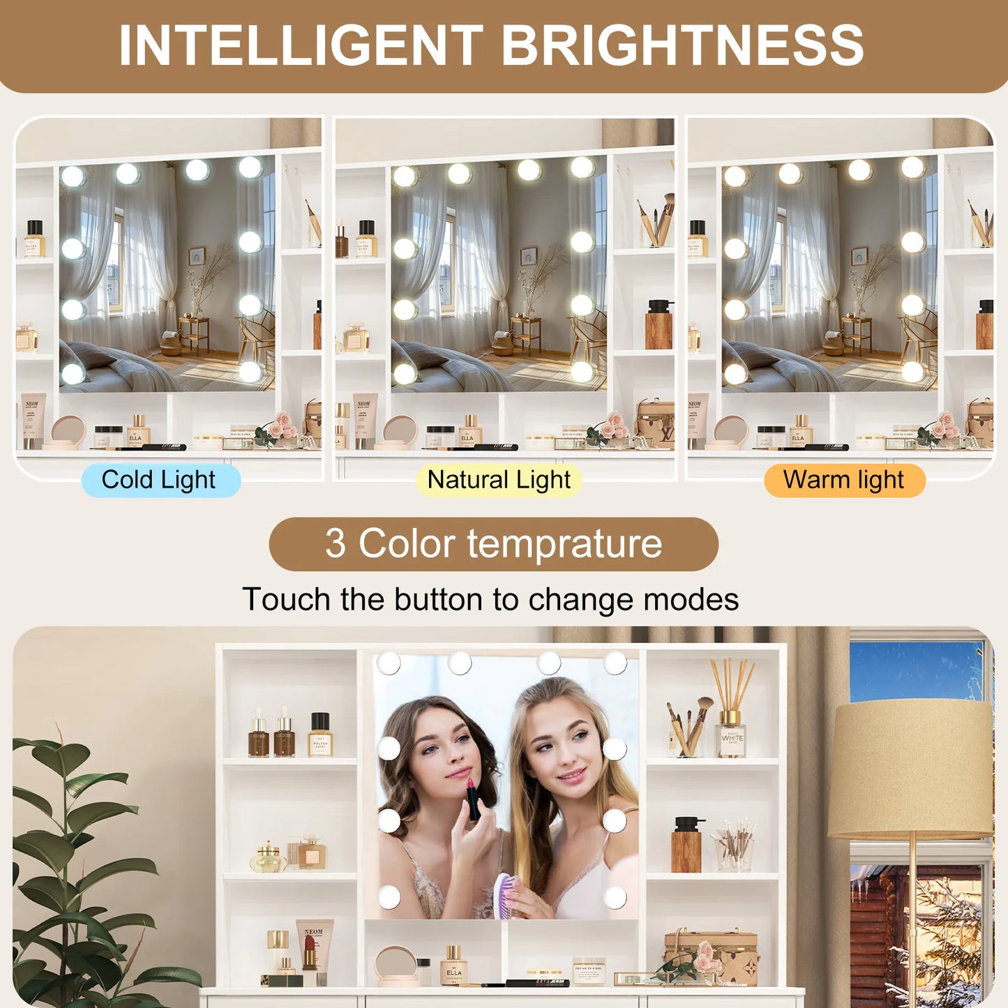 Large LED Vanity Dressing Table Set with Mirror, 7 Drawers Storage Makeup Desk, Crystal Pull Handles, Dimmable Glam Decor for Bedroom