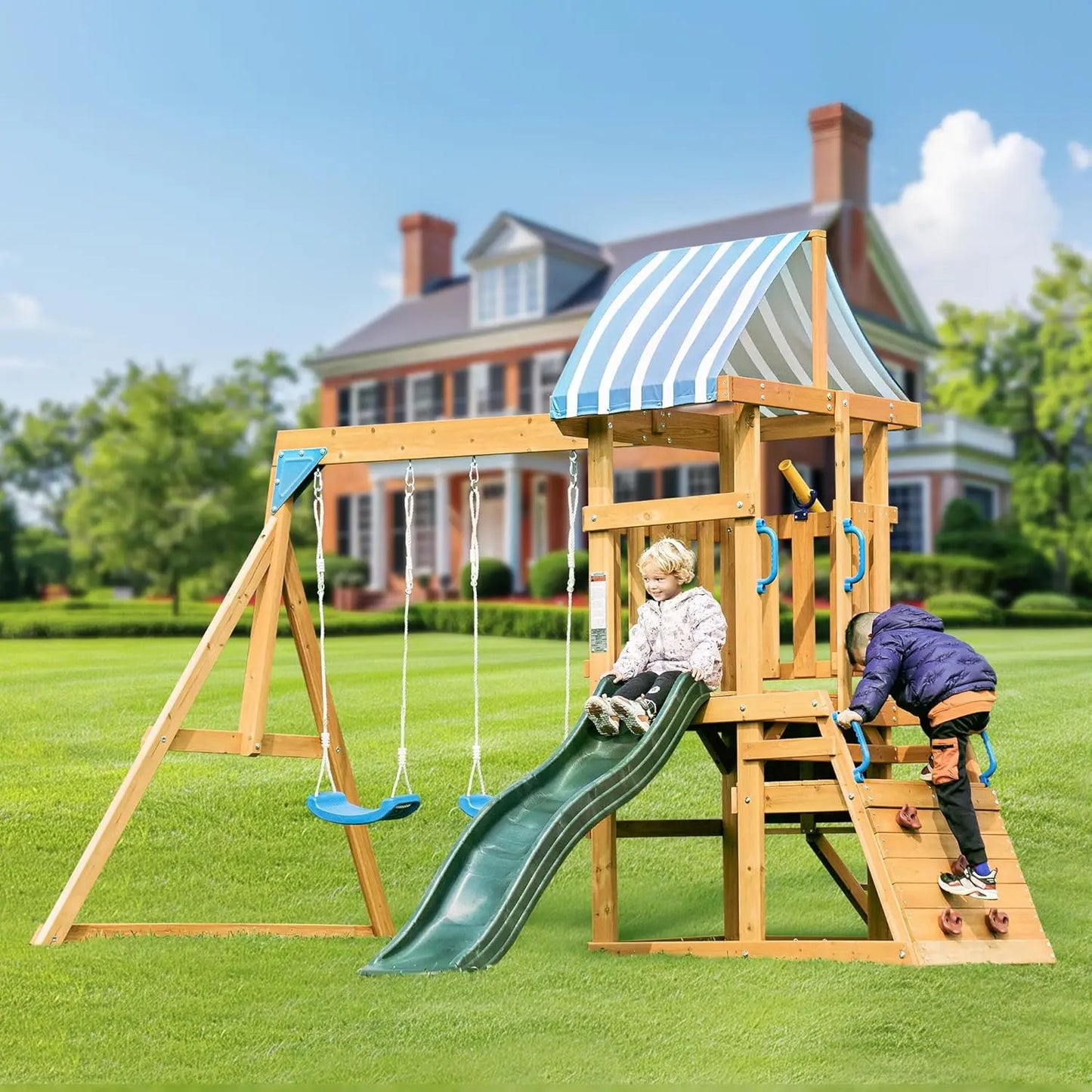 Robud Wooden Swing Set With Dual Swings Slide Fort