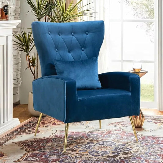 Velvet Accent Arm Chair, Mid-Century Modern Living Room Chair, Wingback Bedroom Side Chair with Gold Legs & Pillow，Customized