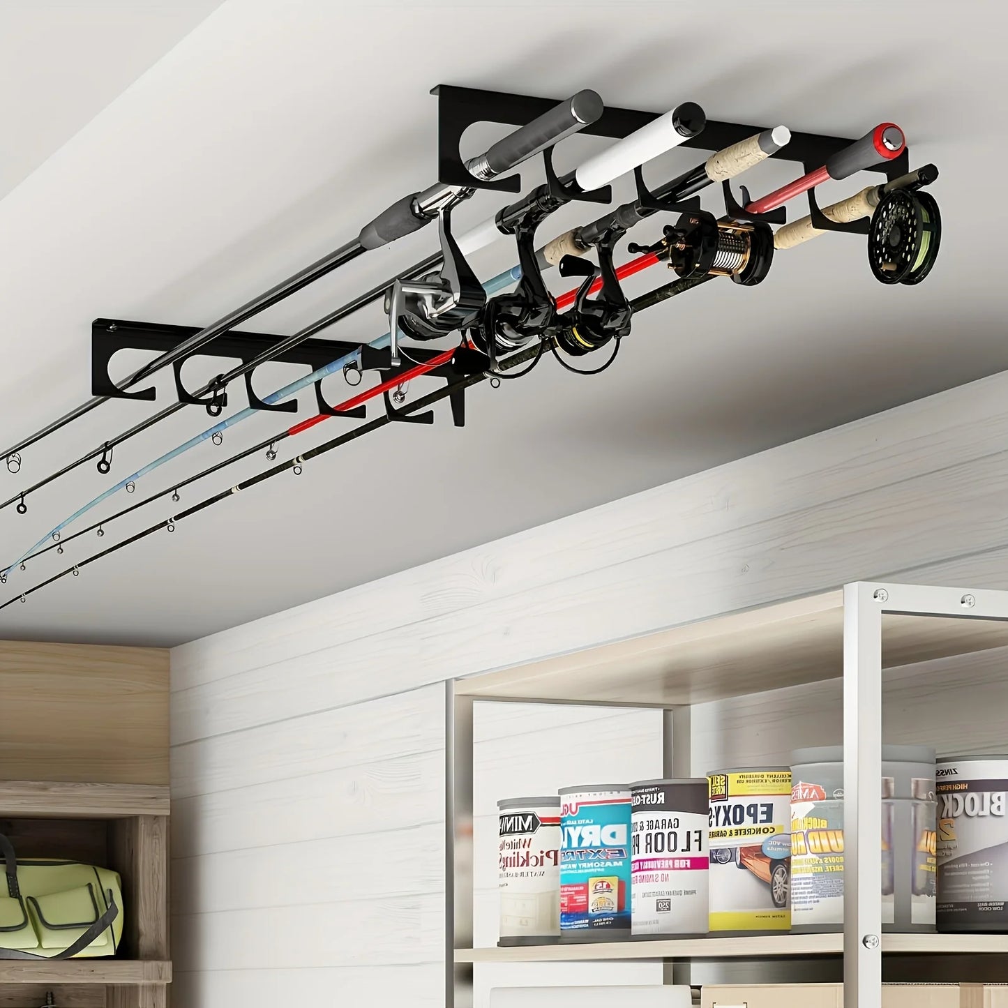 2pcs of storage racks for 5 fishing rod racks installed on the wall and garage ceiling, suitable for most fishing rods.