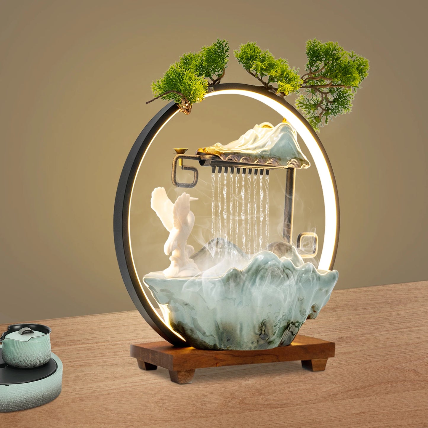 Black Manual Tabletop Water Fountain,Indoor Ceramic Waterfall with LED Light Mist Desk Fountain for Decorative Item