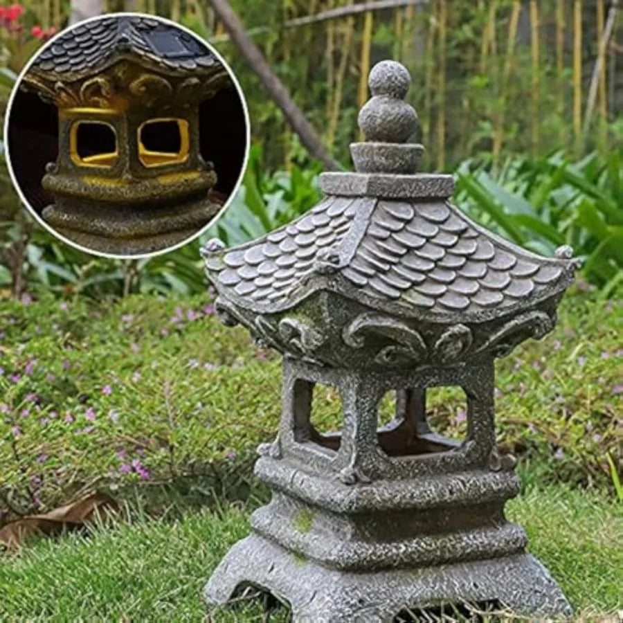 Asian Solar Zen Pagoda Garden Statue 14 Inch Outdoor Japanese Lamp Lantern for Home Garden Landscape Décor 14 inch Pagoda