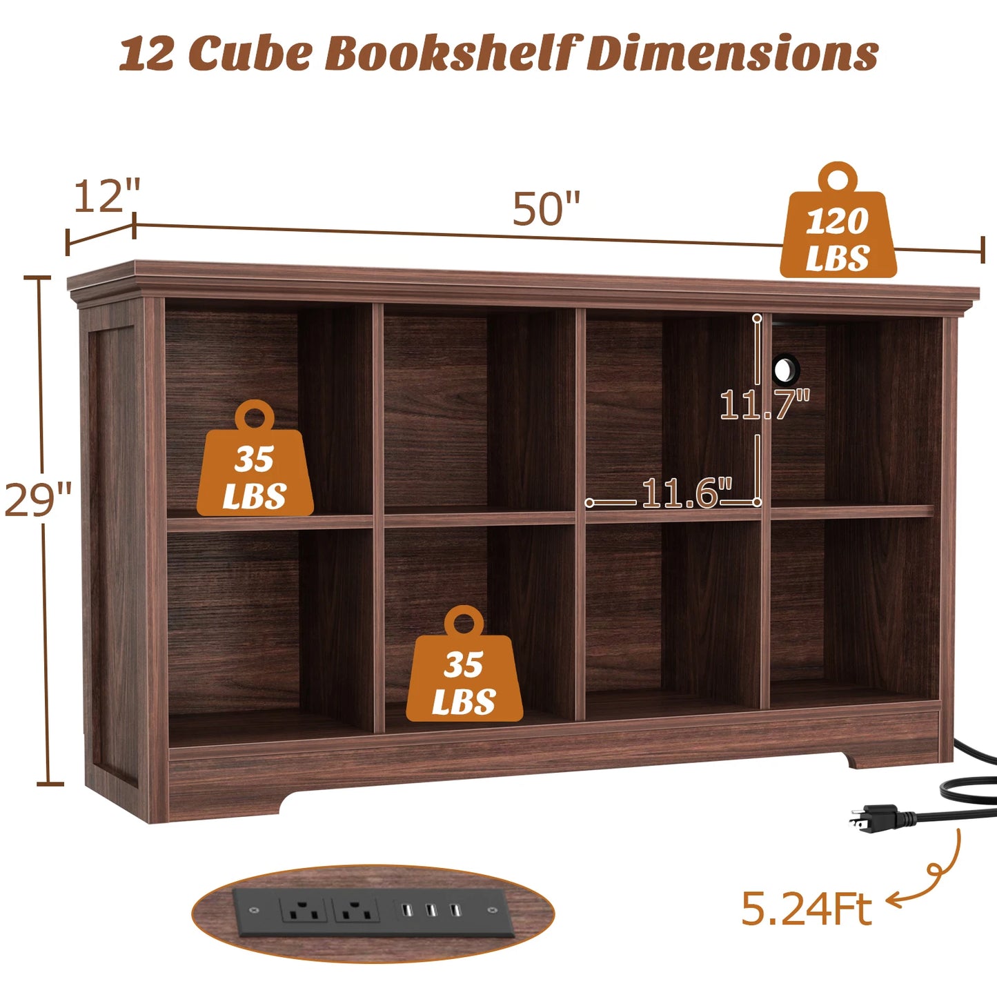 Aheaplus 8‑Cube Storage Organizer with Charging Ports, Modern Bookshelf with 2 AC Outlets & 3 USB Ports, Heavy‑Duty Floor Standing Display Shelf, Open Cubbies Bookcase for Home Office, Living Room – Black Walnut