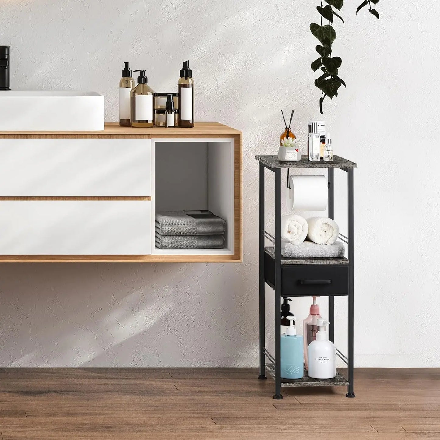 Bathroom storage cabinet, independent toilet paper storage cabinet with sliding storage drawer, farmhouse small bathroom rack