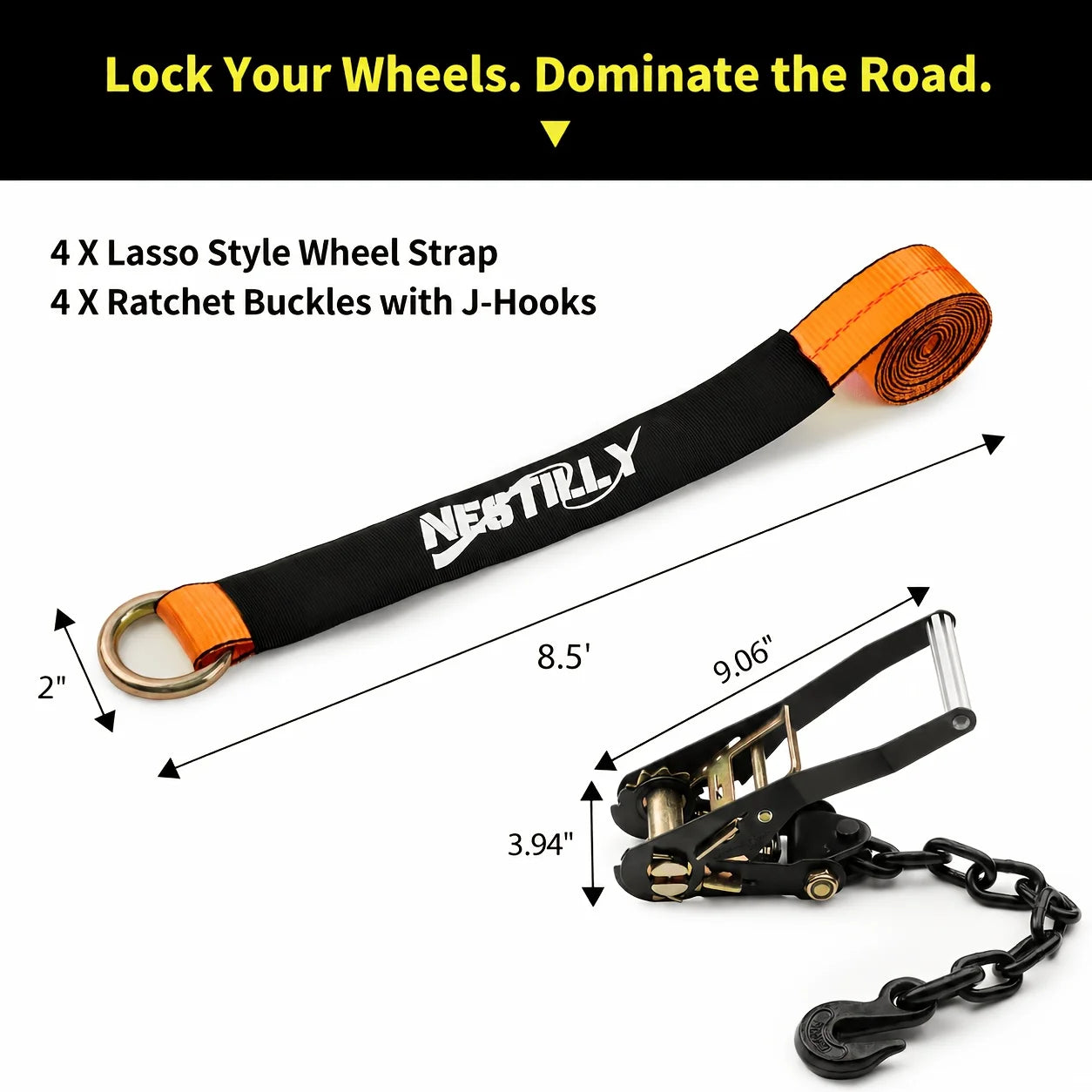 4 Pack Reflective Car Tie Down Straps For Trailers - Tire Ratchet Strap With Chain Anchors - 2" X 8' 9900LBS Break Strength - Lasso Style Wheel Straps For Hauling UTV, SUV, Truck