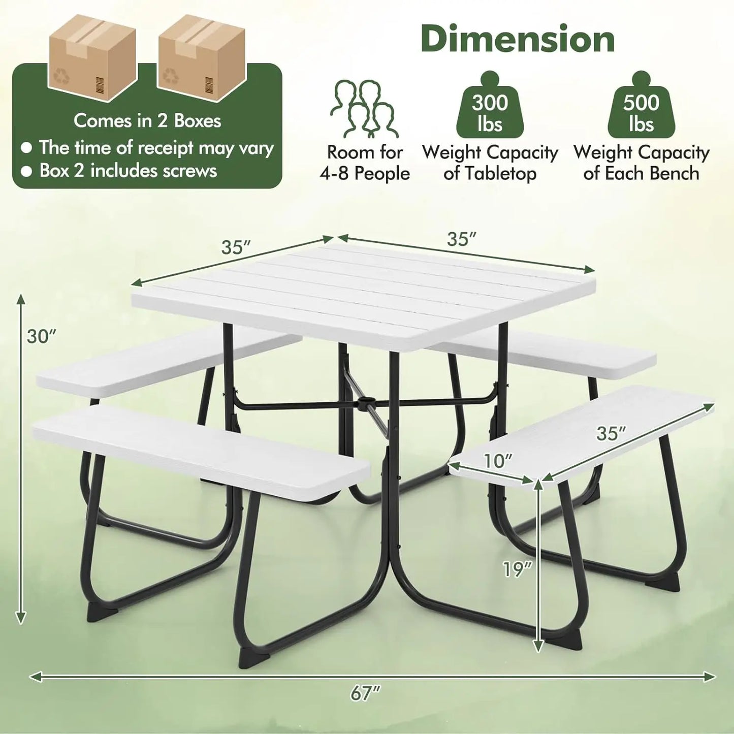 4-8 Person Square Picnic Table Bench Set with Umbrella Hole, Outdoor Camping Table HDPE Material Metal Frame for Patio Garden