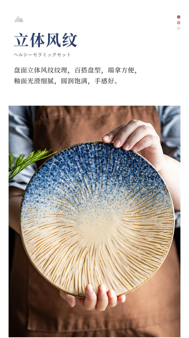 Ceramic Steak Plates Set Dinnerware Underglaze Flat Round Plates for Home Kitchen Restaurant Service