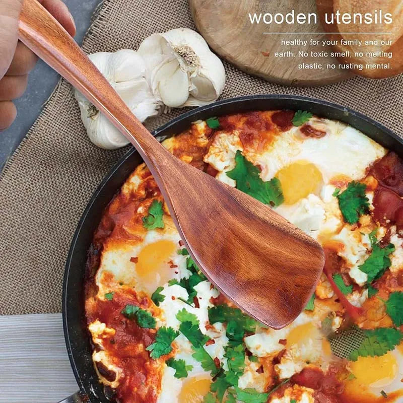 Natural Wood Kitchen Tool Set, 5 Pieces - Includes Spoon, Spatula & Slotted Spoon for Festive Family Meals & Baking