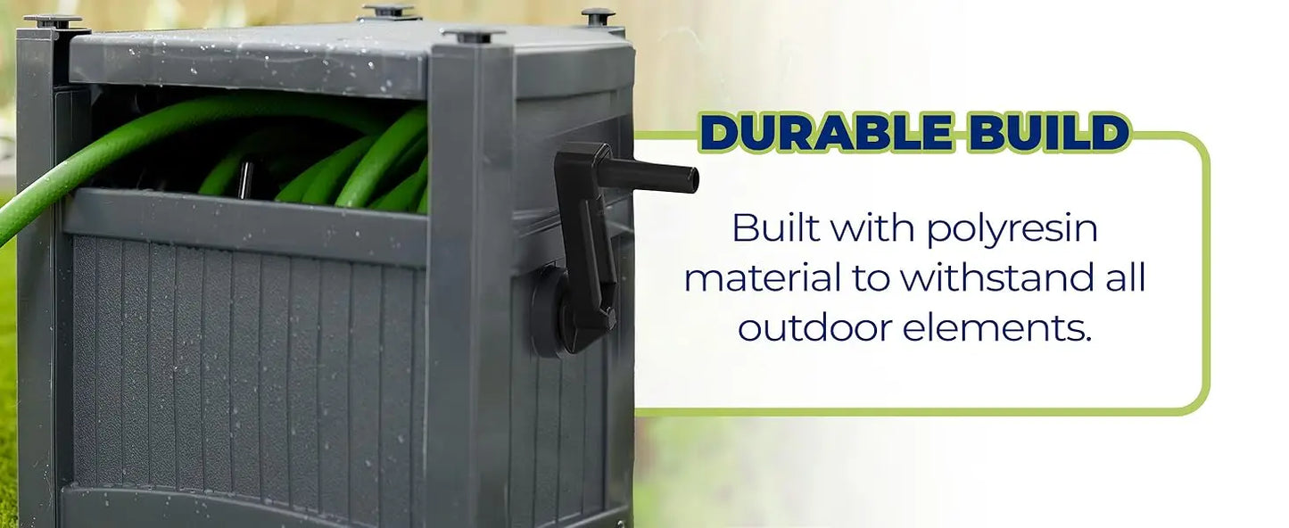Suncast Cyberspace Grey Garden Hose Storage Reel Box Resin Outdoor Container Holds 100FT 5/8 Inch Water Line No Assembly Require