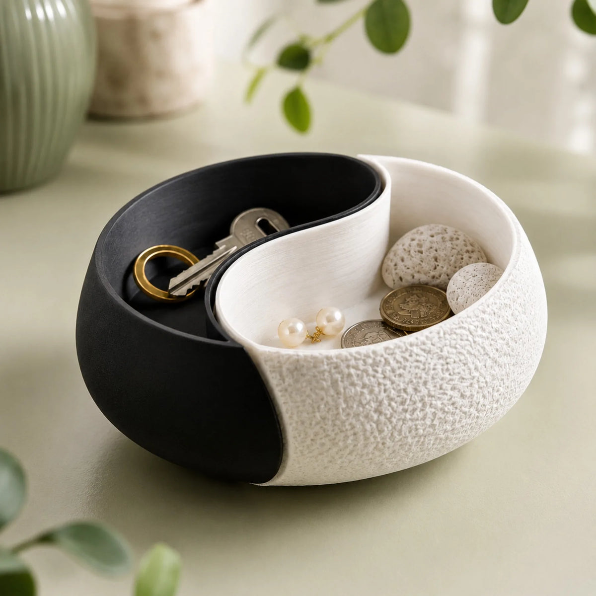 3D Printed Black & White Yin-Yang Storage Bowl, Double Compartment Jewelry Tray & Key Holder, Modern Zen Decor, For Desk, Booksh