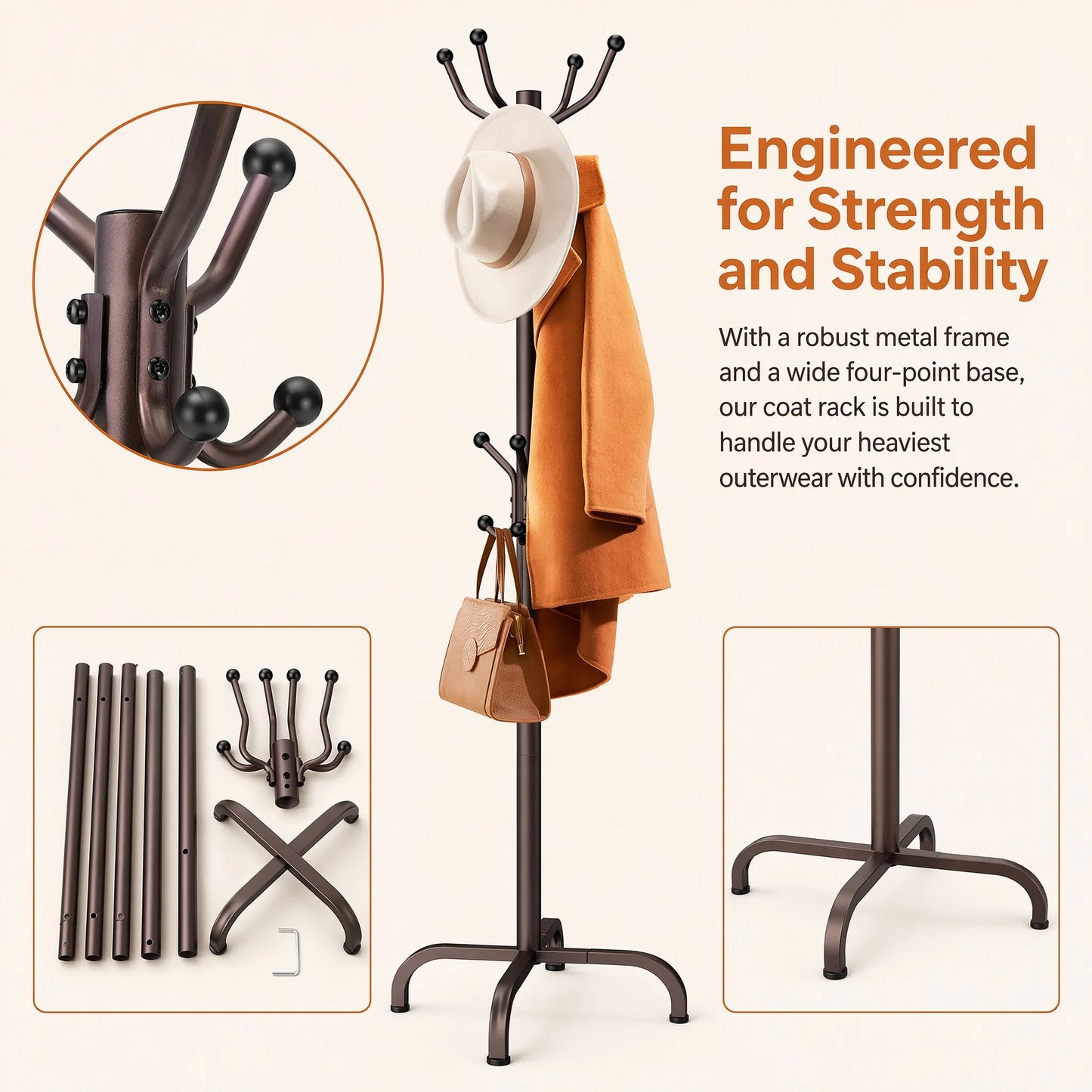 1/2Pcs Coat Rack with 14 Hooks, Freestanding Coat Rack Stand for Entryway, Hallway, Bedroom, and Office, Metal Coat Tree & Hat Rack for Coats, Hats, and Bags
