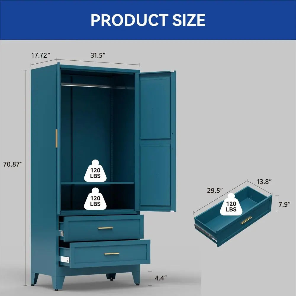 Armoire Wardrobe Closet with Drawers amp Hanging Rod, 71 Metal Wardrobe Closet with Doors amp Adjustable Shelf, Farmhouse Wardr