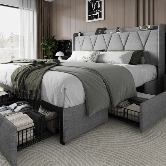 Bed Frame with 4 Storage Drawers and Charging Station Upholstered Platform Bed Frame with Storage Headboard No Box Spring Needed