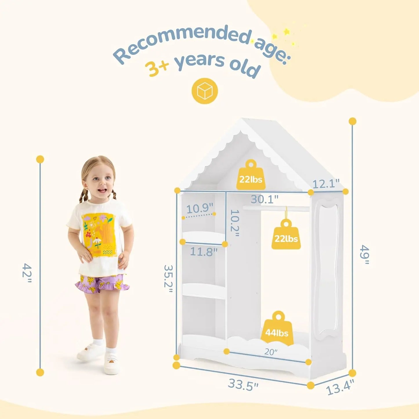 Dollhouse Kids Dress Up Storage with Full-Length Mirror & Touch Activated Light, Open Hanging Kids Wardrobe Closet,