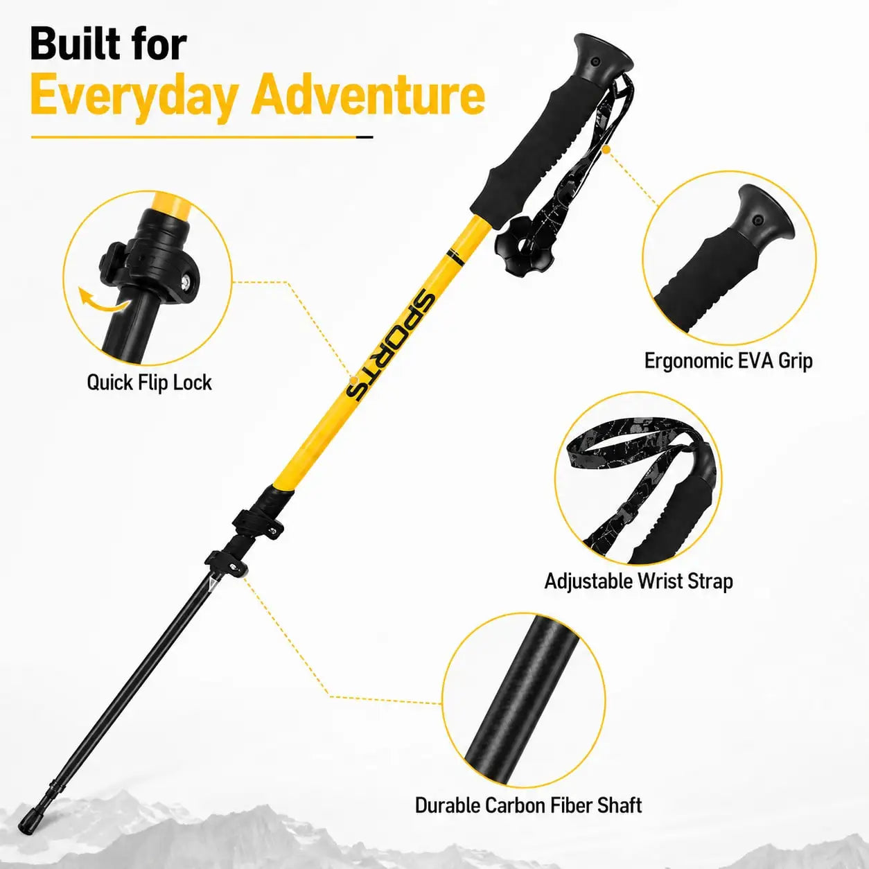 Carbon Fiber Trekking Pole, Adjustable 25–53 In / 63–135 Cm Lightweight Hiking Walking Stick, 225g Collapsible Trekking Staff With EVA Grip, Wrist Strap, Mud Basket & Tip Cover, Yellow, 1PCS