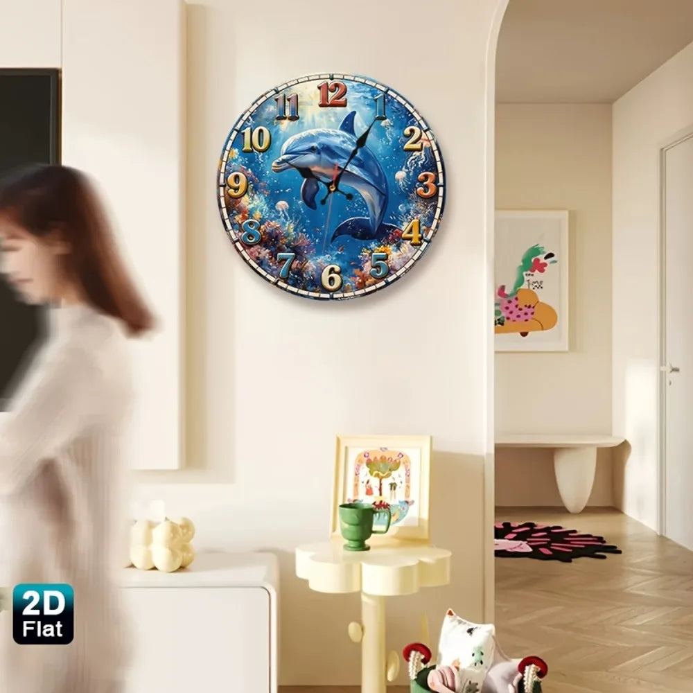 1pc Coral Reef Dolphin Nursery Wall Clock - Silent Non-Ticking Round Room Decor with Wood Frame, Coral Reef & Dolphin Suitable f