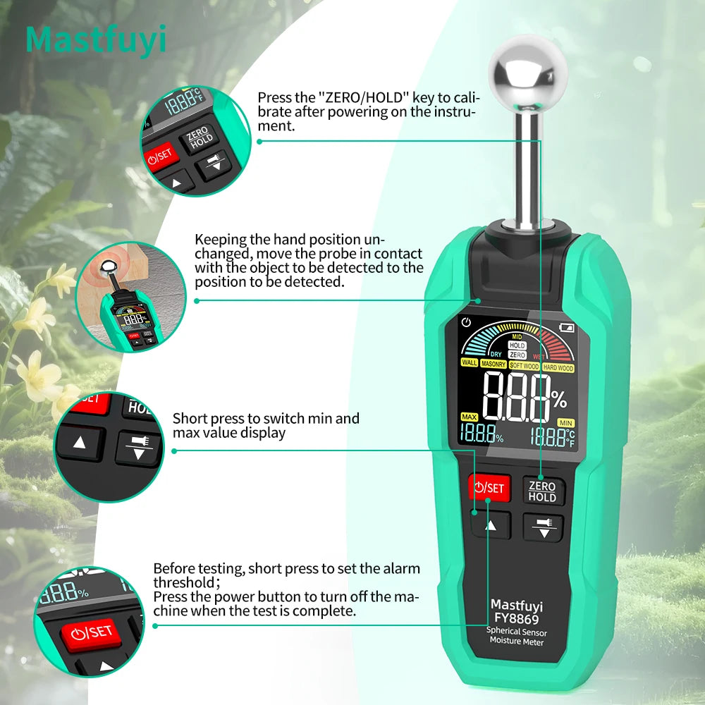 MASTFUYI Ball-shaped Non-destructive Moisture Meter, High Accuracy Digital Wood Water Leak Detector & Wall Humidity Tester