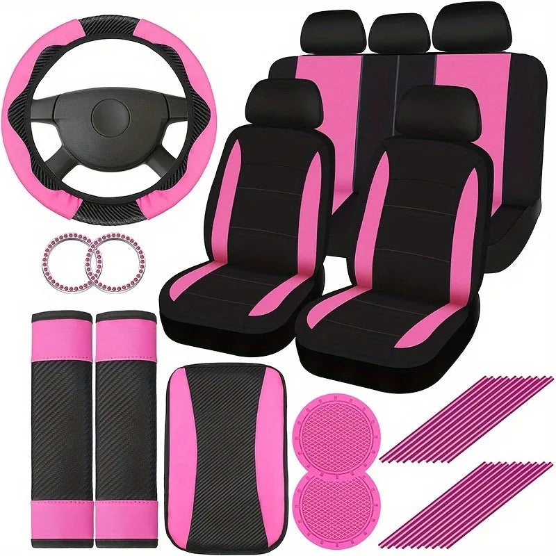 Women's Car Interior 37-Piece Set - Polyester Seat Covers, PU Steering Wheel Cover, Shoulder Pads, Decorative Strips  etc