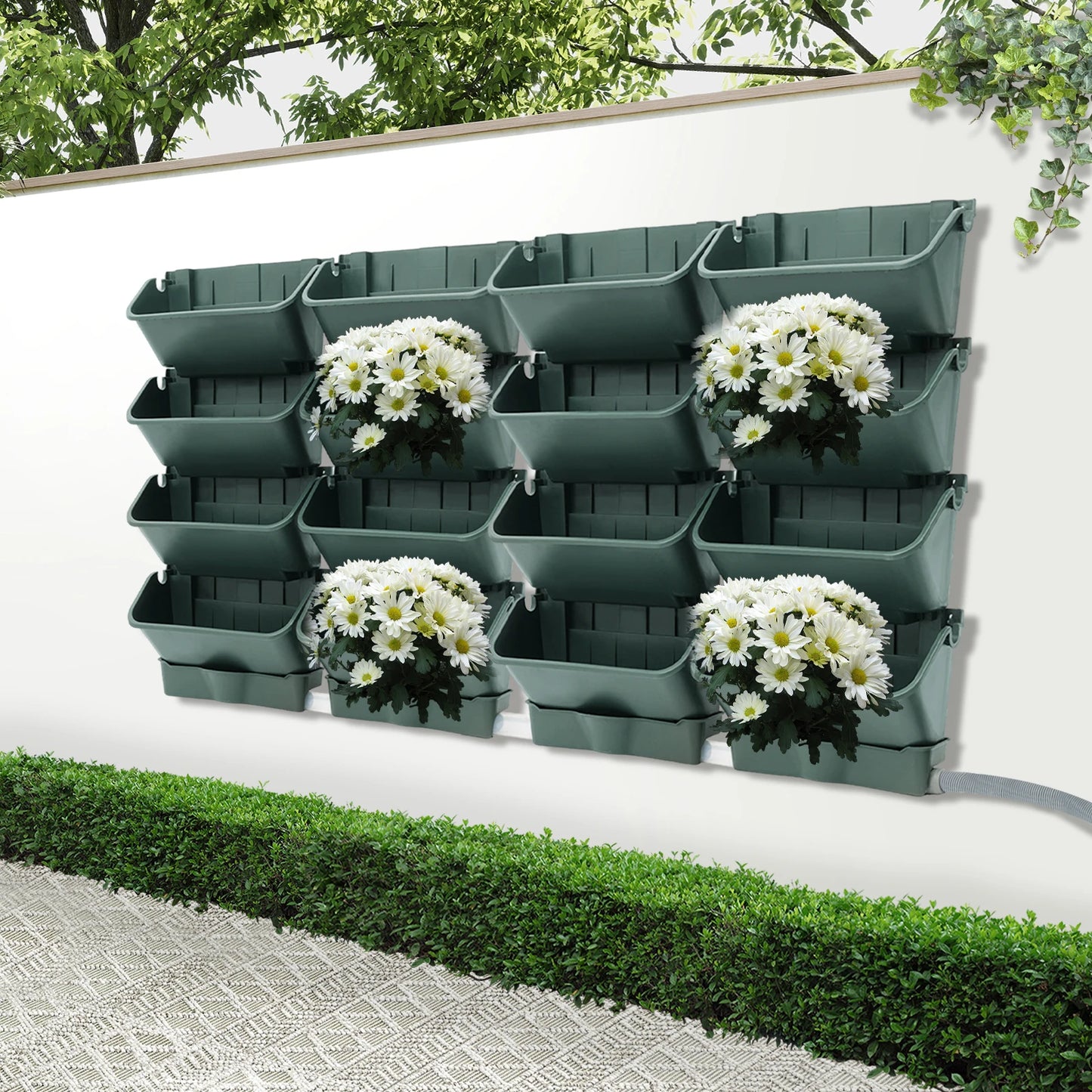16PCS Hanging Garden Plant Wall Flower Pot Container Wall Hanging Vertical Green Plastic Planting Box W/4 Drainage Pots & 1 Pipe