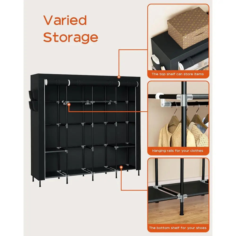 66.9 Inch Large Capacity Wardrobe Closet with Cover, Clothes Storage Organizer, 4 Hanging Rods, Shelves, Easy Assembly, Black