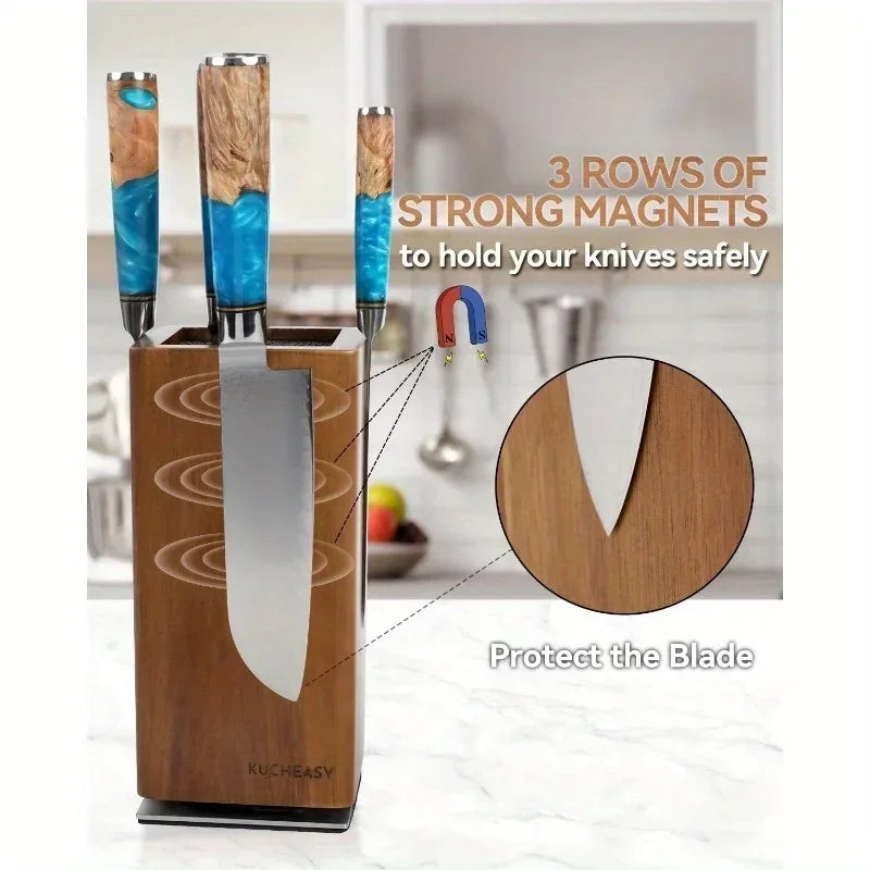 1Pc 360°Rotating Magnetic Knife Block Wood Universal Knife Holder 4‑Side Ultra‑Strong Magnets Knife Storage Rack with Removable Bristles Multifunctional Kitchen Countertop Knife Organizer