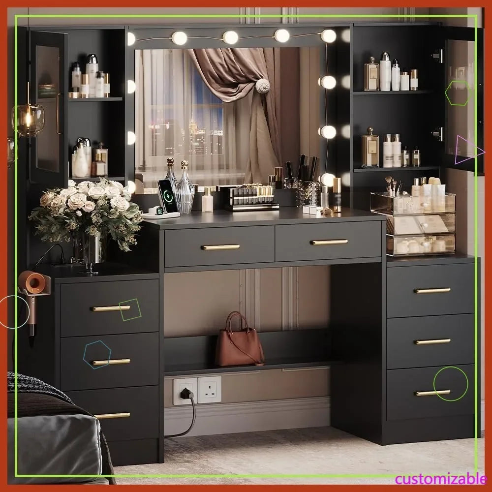 Black Vanity Desk with Mirror, Lights & Charging Station, 58.3" Makeup Table with 8 Drawers and Storage