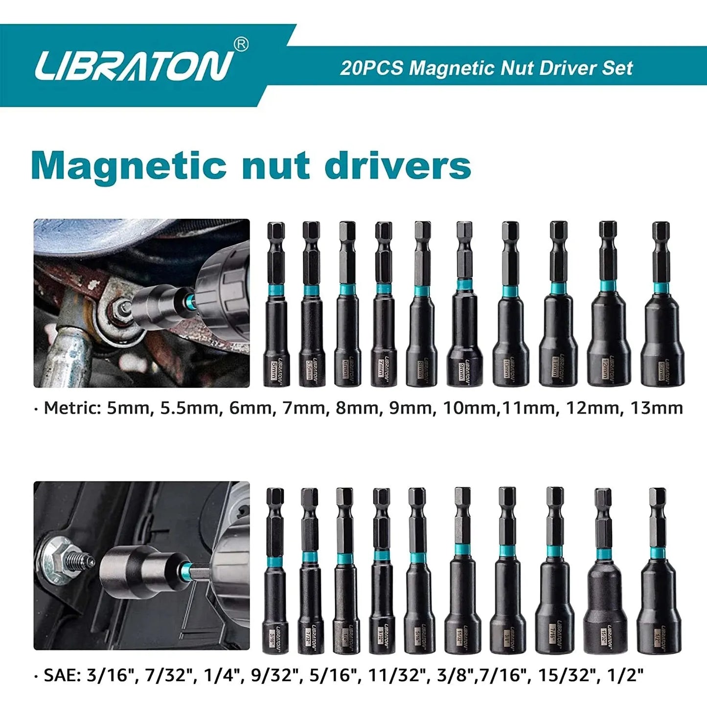 20PCS Magnetic Nut Driver Set, Impact Drill Driver Bit Set 1/4" Metric and SAE Nut Driver with Storage Bag Nut Drivers