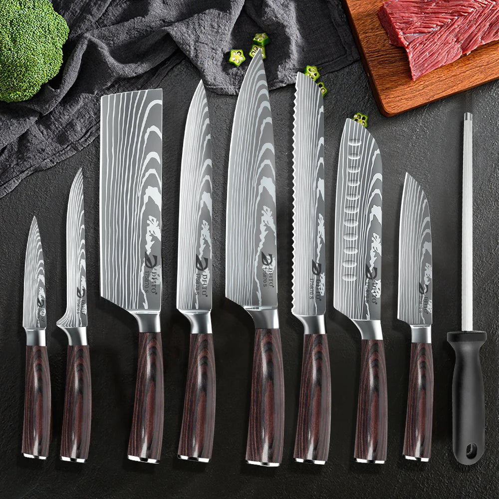 KEPEAK Kitchen Knife Set 7Cr17Mov Stainless Steel Chef Knife Ultra Sharp Santoku Cleaver Utility Knife Cooking Knives Nylon Bag