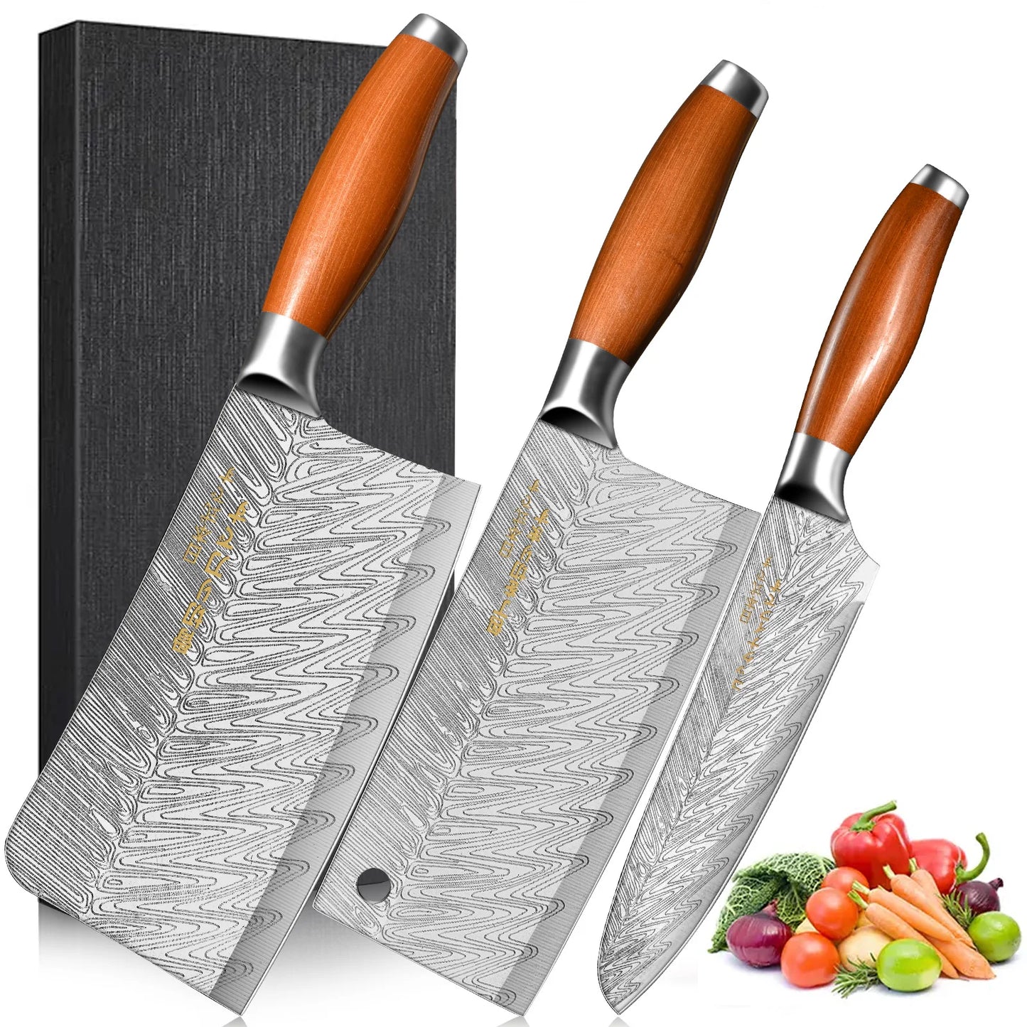 3-Piece Japanese Professional Kitchen Knife Set - Damascus Steel Pattern Chef Knife Utility Knife Meat Cleaver Boning Knife