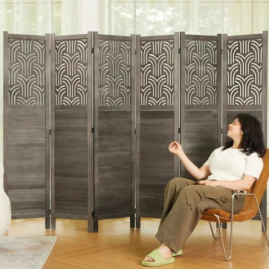 5.6 Ft Room Divider Wood Carved Wall Divider Indoor Folding Portable Partition Screen for Home Office Garden Terrace - 6 Panel