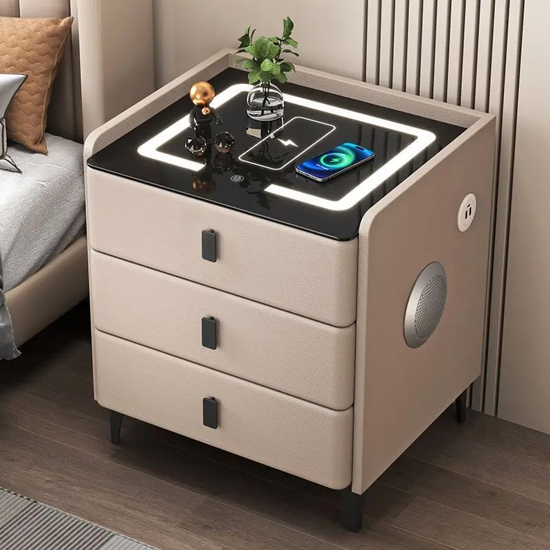 Smart Multifunctional Bedside Table with Wireless ChargerTouch Control 3-Color LEDLightModern Nightstand with Solid Wood