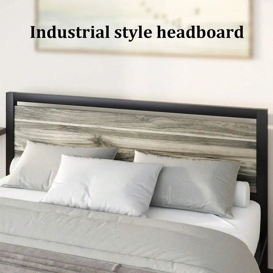 Bed Frame With Headboard, Farmhouse Bed Frame With Wooden Headboard, Heavy Duty Metal Bed Frame, No Box Spring Needed, Noise-Free, Esay Assembly, Bedroom Furniture,Twin/ Full/ Queen, Black/ Gray/ White/ Brown